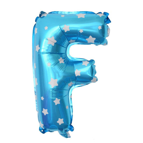Balon Folie Metalizata Litera F, Vivimall, 40 cm, Cu Imprimeu Stelute, Umflati cu Heliu sau Aer, Ambalaj Individual, Pai inclus, Albastru - vivimall.ro