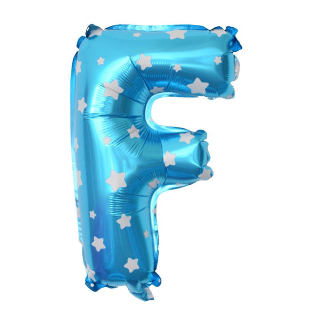 Balon Folie Metalizata Litera F, Vivimall, 40 cm, Cu Imprimeu Stelute, Umflati cu Heliu sau Aer, Ambalaj Individual, Pai inclus, Albastru - vivimall.ro