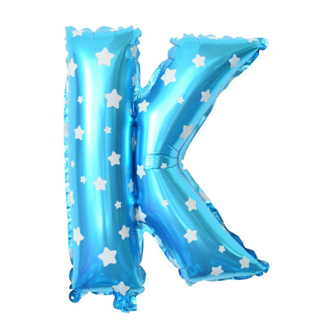 Balon Folie Metalizata Litera K, Vivimall, 40 cm, Cu Imprimeu Stelute, Umflati cu Heliu sau Aer, Ambalaj Individual, Pai inclus, Albastru - vivimall.ro