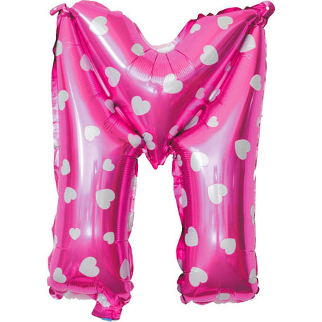 Balon Folie Metalizata Litera M, Vivimall, 40 cm, Cu Imprimeu Inimioare, Umflati cu Heliu sau Aer, Ambalaj Individual, Pai inclus, Roz - vivimall.ro