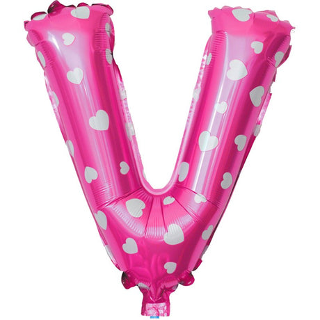 Balon Folie Metalizata Litera V, 40 Cm, Cu Imprimeu Inimioare, Umflati Cu Heliu Sau Aer, Ambalaj Individual, Pai Inclus - vivimall.ro