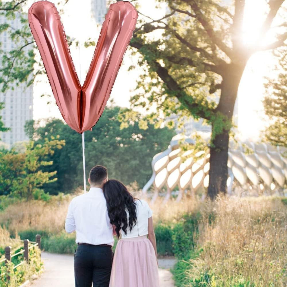 Balon Folie Metalizata Litera V, Vivimall, 80 cm, Umflati cu Heliu sau Aer, Ambalaj Individual, Pai inclus, Rose Gold - vivimall.ro