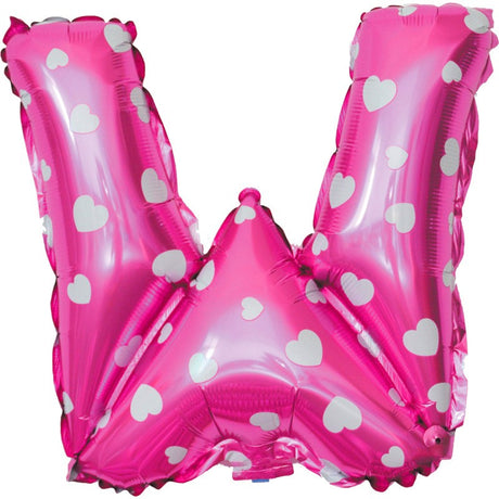 Balon Folie Metalizata Litera W, Vivimall, 40 cm, Cu Imprimeu Inimioare, Umflati cu Heliu sau Aer, Ambalaj Individual, Pai inclus, Roz - vivimall.ro