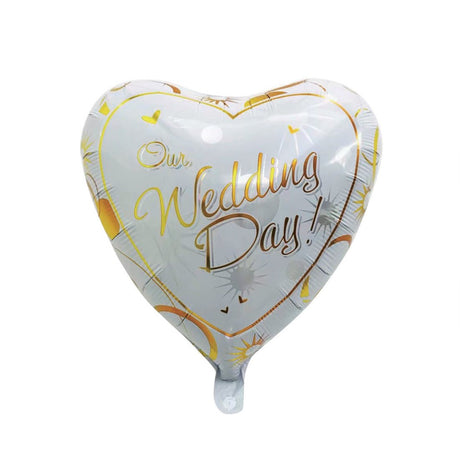Balon din Folie Metalizata, Vivimall, Figurina Inima, Model Our Wedding Day, Tema Nunta, 45 cm, Ambalaj Individual, Pai Inclus, Umflare cu Aer sau Heliu, Alb/Auriu - vivimall.ro