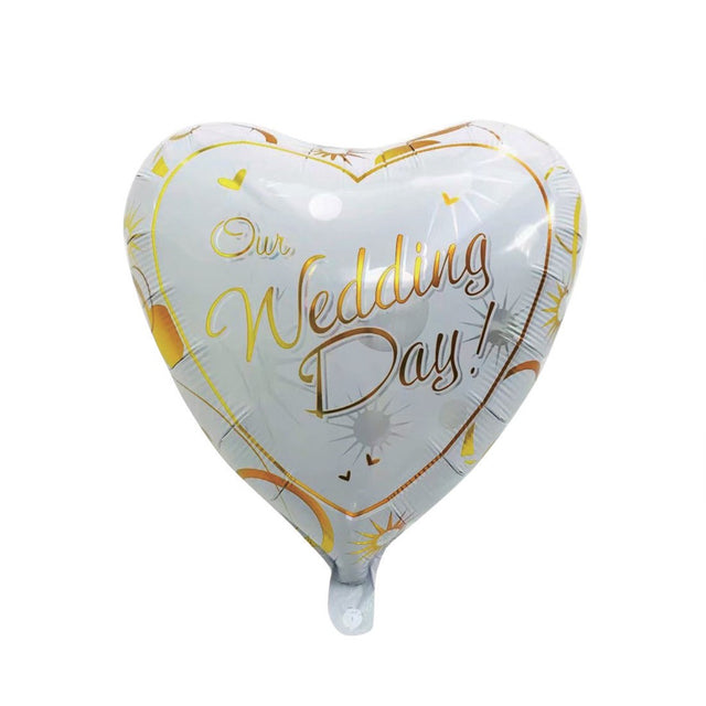 Balon din Folie Metalizata, Vivimall, Figurina Inima, Model Our Wedding Day, Tema Nunta, 45 cm, Ambalaj Individual, Pai Inclus, Umflare cu Aer sau Heliu, Alb/Auriu - vivimall.ro