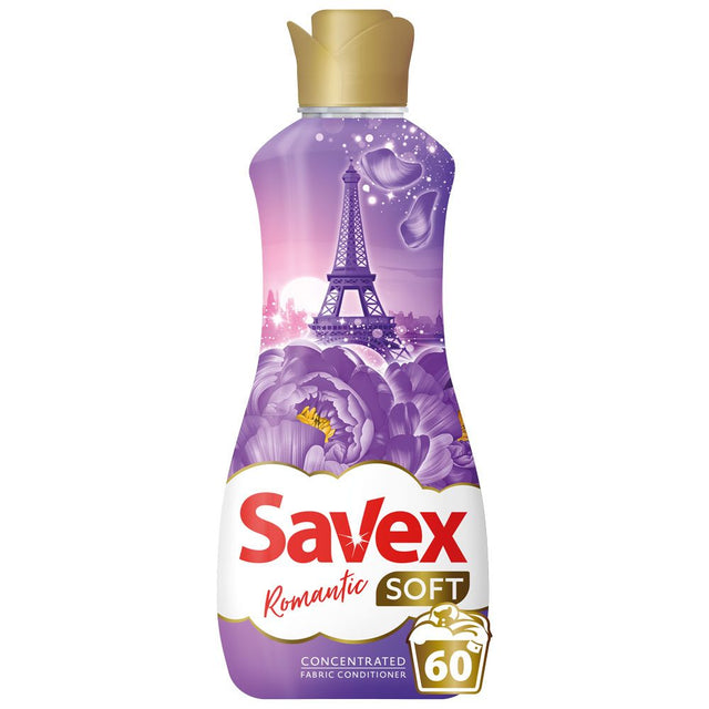 Balsam de rufe concentrat Savex Soft Romantic, flacon 1.5 litri pentru 60 de spălări, vedere frontală