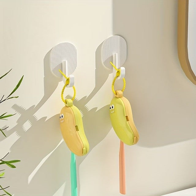 Capac Protector pentru Periuta de Dinti, Vivimall, cu Recipient Pasta de Dinti, Portabil, cu Agatatoare, din Plastic 8.7 x 3 cm, Galben/Maro - vivimall.ro