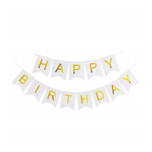Banner Happy Birthday 100x200 cm, Vivimall, Dimensiune Stegulet 11.5x16.5 cm, Rola de Ata Inclusa, Alb - vivimall.ro