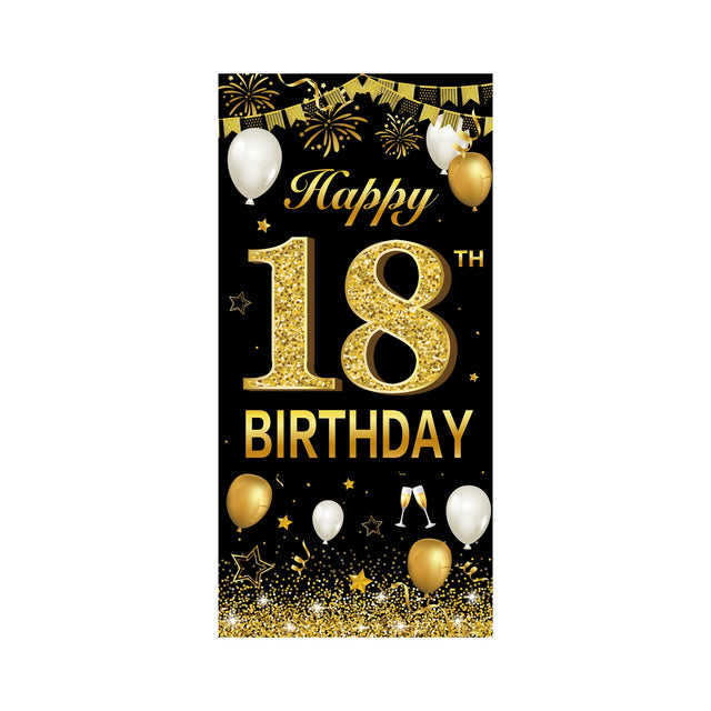 Banner pentru Petrecere, Vivimall, Model Happy Birthday, Tematica Majorat, Aniversare 18 Ani, 185x90 cm, Negru - vivimall.ro