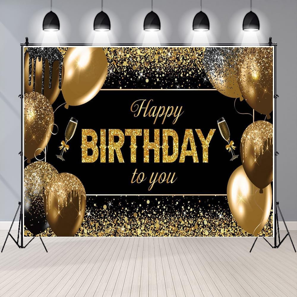 Banner Tip Fundal pentru Poze, Vivimall, din Panza, 185 x 110 cm, Sfoara 6 m, Prindere in 4 Colturi, Happy Birthday to You, Negru/Auriu - vivimall.ro