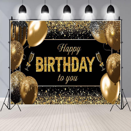 Banner Tip Fundal pentru Poze, Vivimall, din Panza, 185 x 110 cm, Sfoara 6 m, Prindere in 4 Colturi, Happy Birthday to You, Negru/Auriu - vivimall.ro