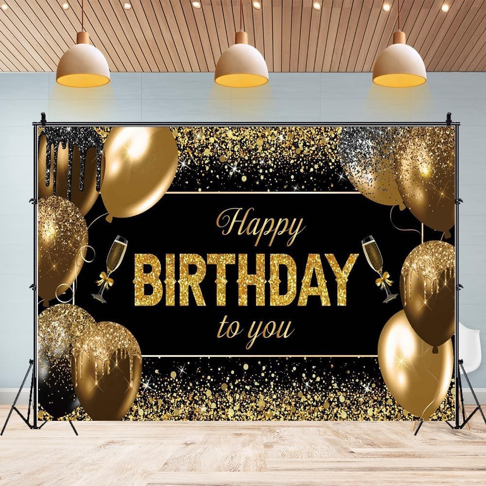 Banner Tip Fundal pentru Poze, Vivimall, din Panza, 185 x 110 cm, Sfoara 6 m, Prindere in 4 Colturi, Happy Birthday to You, Negru/Auriu - vivimall.ro