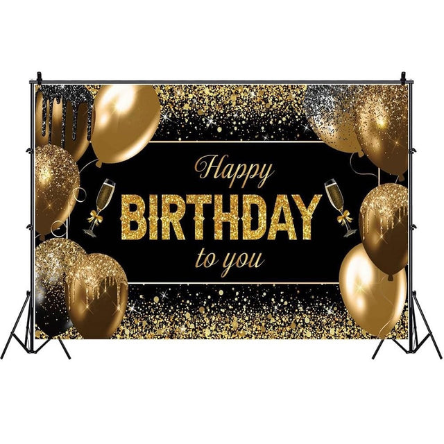 Banner Tip Fundal pentru Poze, Vivimall, din Panza, 185 x 110 cm, Sfoara 6 m, Prindere in 4 Colturi, Happy Birthday to You, Negru/Auriu - vivimall.ro