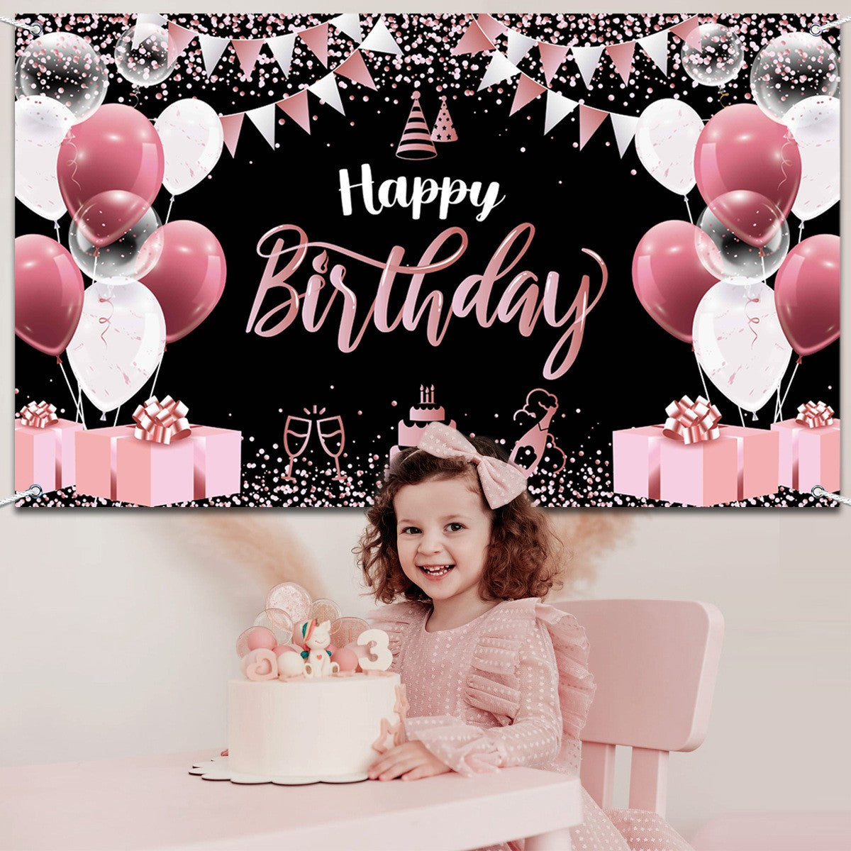 Banner Tip Fundal pentru Poze, Vivimall, din Panza, 185 x 110 cm, Sfoara 6 m, Prindere in 4 Colturi, Negru/Roz - vivimall.ro