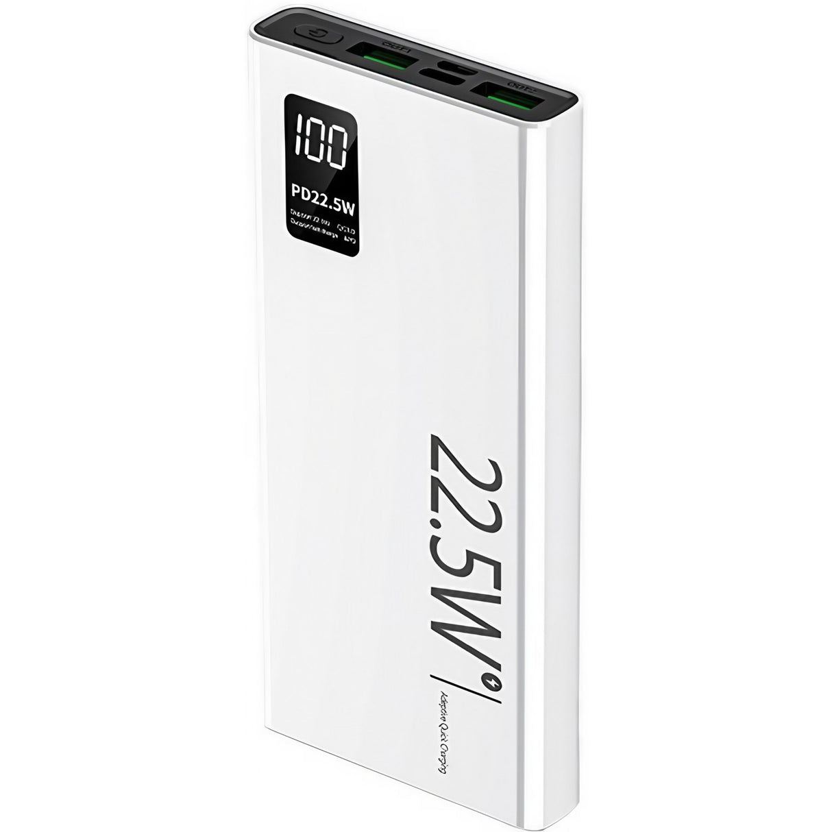Baterie externă Vivimall 10000 mAh albă, vedere frontală cu ecran digital LED activ
