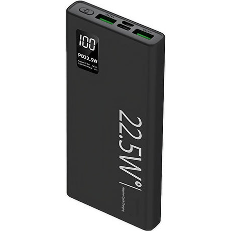 Baterie externă 20000 mAh ultra-subțire neagră, vedere frontală cu ecran digital LED activ