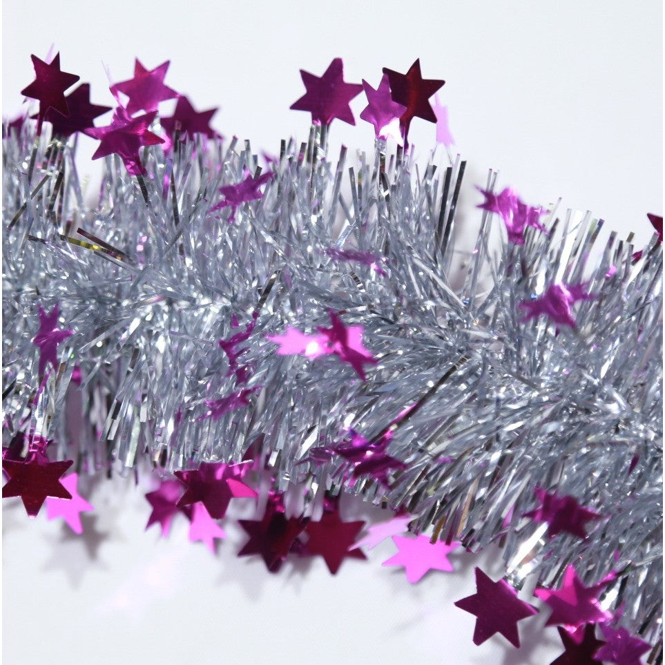 Beteala de Craciun cu LED, Vivimall, 2 m, 5 cm Grosime, din PVC, Model cu Stelute, Artificiala, Mov/Argintiu - vivimall.ro