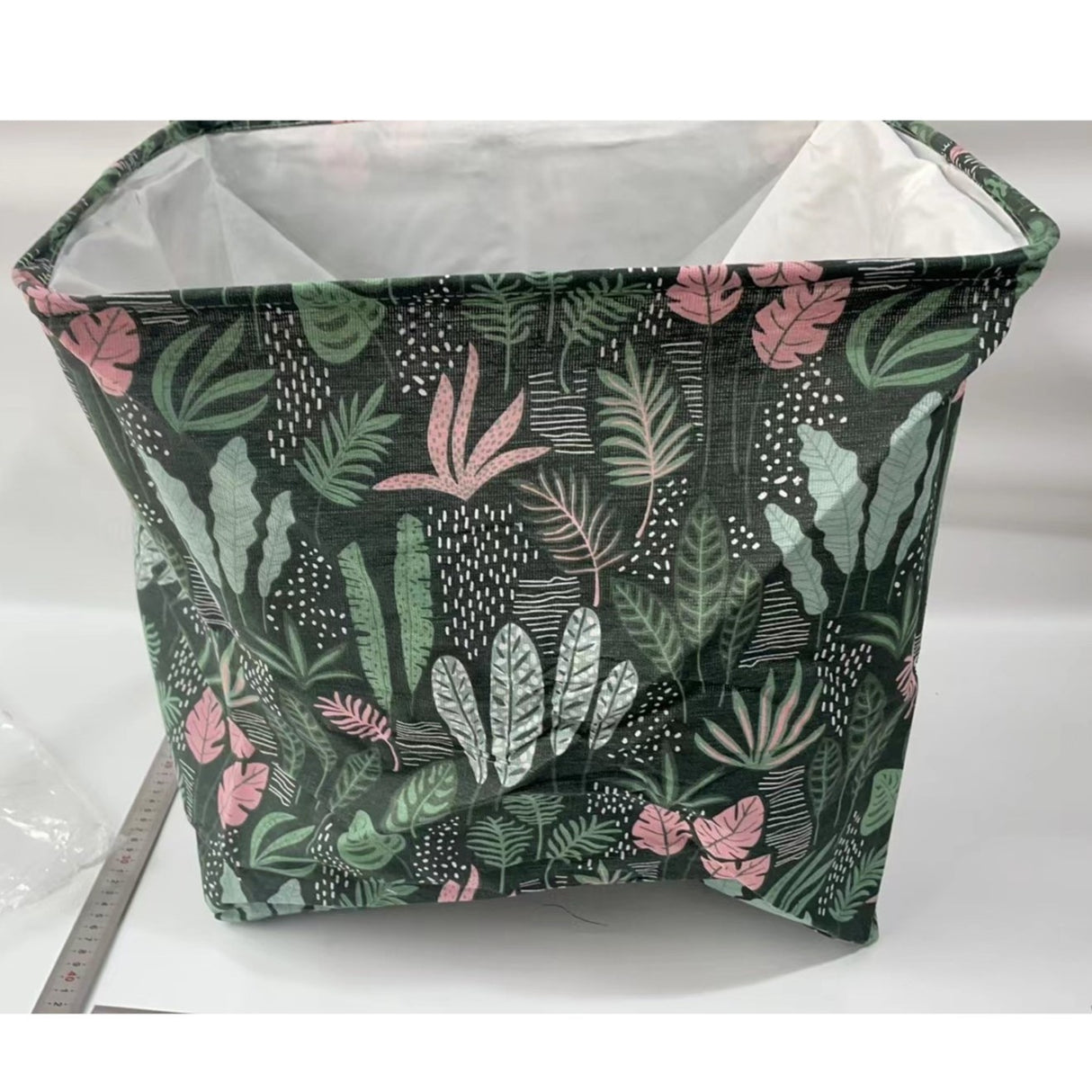 Cutie de Depozitare Pliabila, Vivimall, Impermeabila, cu Snur, Capacitate 100 L, cu Manere, 50x50x40cm, Model Frunze, Verde - vivimall.ro