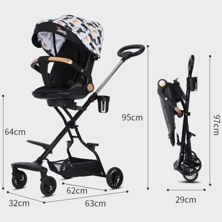 Carucior Sport Flippy 3in1, 6-36 Luni, Reversibil, Pliabil, Tavita pentru Masa, Pozitie de Somn, Centura de Siguranta, Roti 360, Suport Pahar, Copertina pentru Soare, 32x63x95cm, Negru Model Pisicute - vivimall.ro