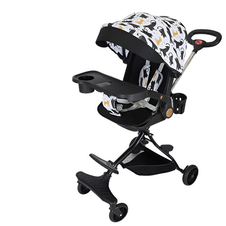 Carucior Sport Flippy 3in1, 6-36 Luni, Reversibil, Pliabil, Tavita pentru Masa, Pozitie de Somn, Centura de Siguranta, Roti 360, Suport Pahar, Copertina pentru Soare, 32x63x95cm, Negru Model Pisicute - vivimall.ro