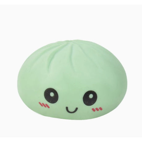 Jucărie Squishy Flippy Gălușcă Bao Bun verde, detaliu față zâmbitoare Kawaii și textură polimer soft