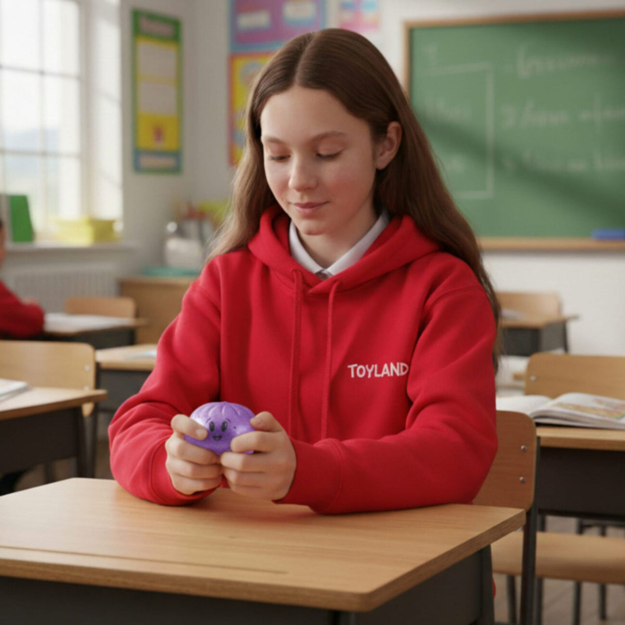 Jucărie squishy Flippy Emoji Bun lângă alte accesorii antistres, scară comparativă dimensiuni
