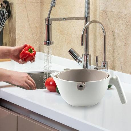 Bol cu Doua Straturi, Vivimall, pentru Fructe, Legume, cu Cos de Scurgere a Apei, 2L, din ABS+PP, 29.9 x 22.5 x 11.8 cm, Alb - Gri - vivimall.ro