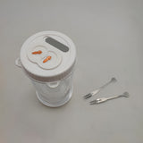 Borcan pentru Muraturi, Vivimall, cu Separator pentru Lichide, Ermetic, Termorezistent, Tip Clepsidra, 2 Furculite Incluse, ABS, Alb, 18x9x9 cm - vivimall.ro