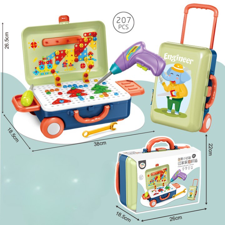 Jucarie Educativa Pentru Copii, Set 207 Piese, 6 In 1, Valiza Cu Bormasina