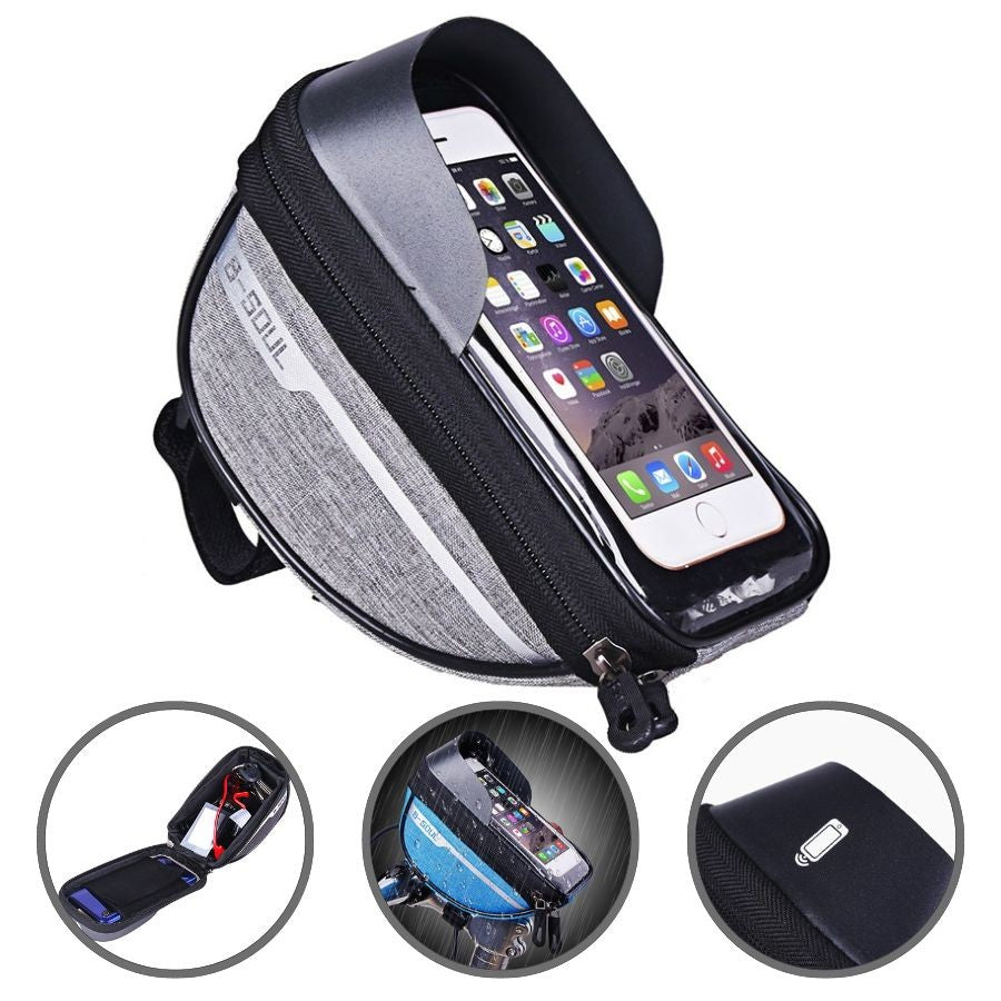 Borseta bicicleta impermeabila cu husa pentru telefon Flippy, montare pe ghidon, compatibila cu telefoane de pana la 16 cm, spatiu depozitare, 18.5x9.5 cm, gri - vivimall.ro