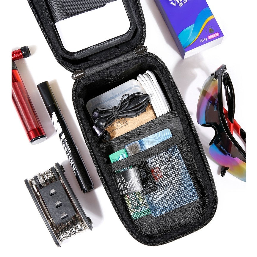Borseta pentru bicicleta cu suport de telefon Vivimall, capcitate 1L, 20.5x11.1x10.5 cm, cu spatiu de stocare, protectie waterproof, ecran tactil, fixare in 3 locuri, protectie lumina, orificiu casti, negru - vivimall.ro