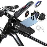 Borseta pentru bicicleta cu suport de telefon Vivimall, capcitate 1L, 20.5x11.1x10.5 cm, cu spatiu de stocare, protectie waterproof, ecran tactil, fixare in 3 locuri, protectie lumina, orificiu casti, negru - vivimall.ro