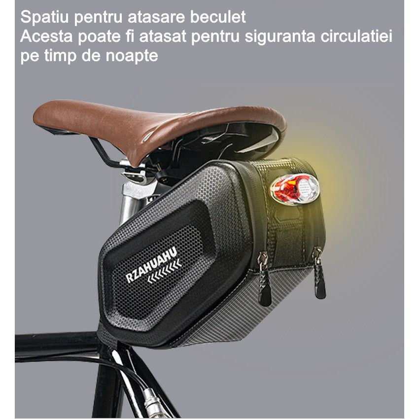 Borseta pentru bicicleta Vivimall, Hard Shell, material piele artificiala si carbon, 20x12x11.5 cm, prindere de sa, capacitate 2L, impermeabila, negru - vivimall.ro