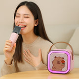 Boxa Portabila Karaoke Flippy, Model K12-2, Bluetooth 5.3, 5-10W, Set 2 Microfoane Wireless, LED RGB, Baterie 1000-2000 mAh, Suport Card Memorie, 14 x 11 cm, Roz - vivimall.ro