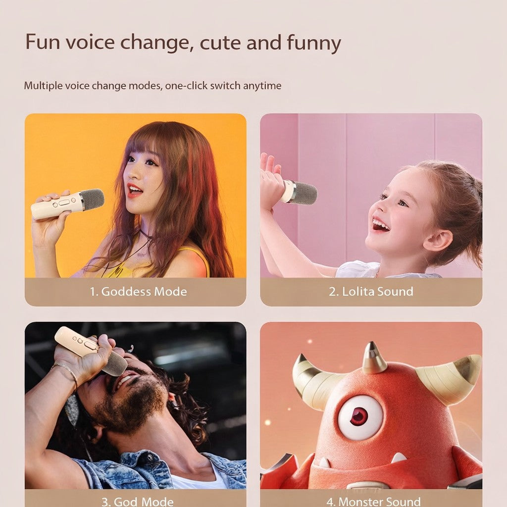 Boxa Portabila Karaoke Flippy, Model K12-2, Bluetooth 5.3, 5-10W, Set 2 Microfoane Wireless, LED RGB, Baterie 1000-2000 mAh, Suport Card Memorie, 14 x 11 cm, Roz - vivimall.ro