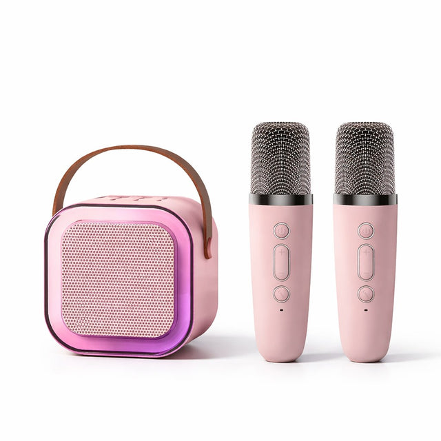 Boxa Portabila Karaoke Flippy, Model K12-2, Bluetooth 5.3, 5-10W, Set 2 Microfoane Wireless, LED RGB, Baterie 1000-2000 mAh, Suport Card Memorie, 14 x 11 cm, Roz - vivimall.ro