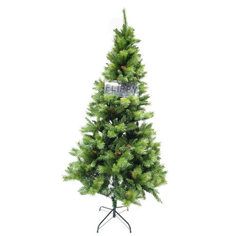 Brad artificial de Craciun, Decorat cu conuri de pin, pentru interior/exterior, inaltime 210 cm, diametru 114 cm, 1057 ramuri, Vivimall, verde, suport metalic inclus - vivimall.ro