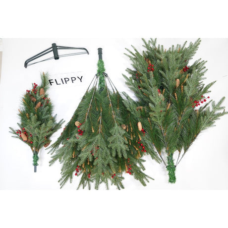 Brad artificial de Craciun Bogat Premium, decorat cu conuri pin rosii, inaltime 180 cm, 414 ramuri, Vivimall, verde, suport metalic inclus - vivimall.ro