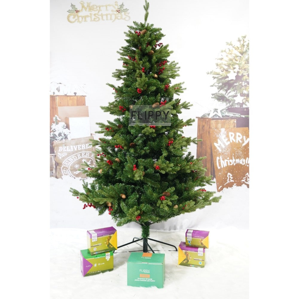 Brad artificial de Craciun, decorat cu conuri pin rosii, inaltime 210 cm, diametru 137 cm, 1172 ramuri, Vivimall, verde, suport metalic inclus - vivimall.ro