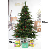 Brad artificial de Craciun, decorat cu conuri pin rosii, pentru interior/exterior, inaltime 150 cm, diametru 104 cm, 323 ramuri, Vivimall, verde, suport metalic inclus - vivimall.ro
