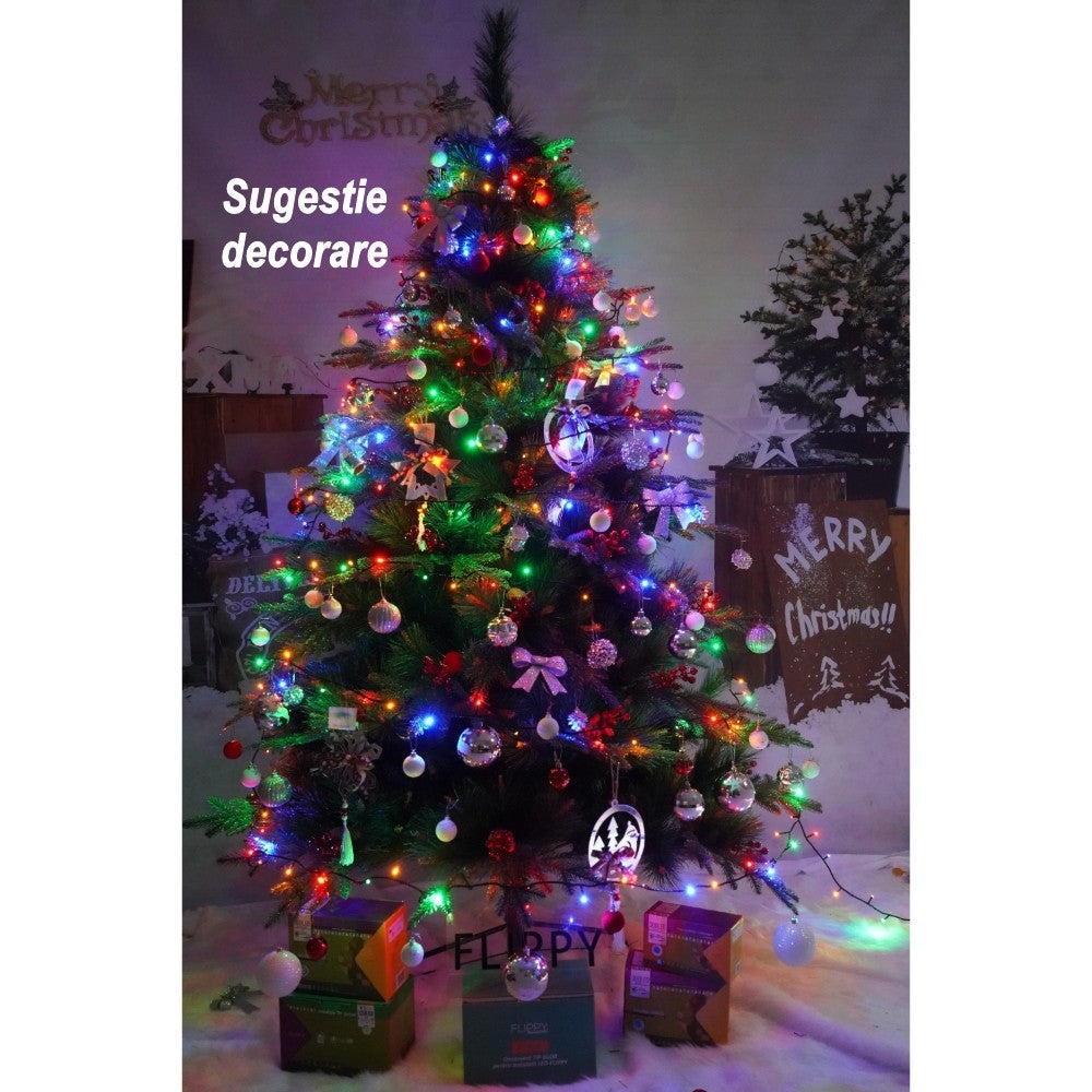 Brad artificial de Craciun, decorat cu conuri pin rosii, pentru interior/exterior, inaltime 150 cm, diametru 104 cm, 323 ramuri, Vivimall, verde, suport metalic inclus - vivimall.ro