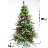 Brad artificial de Craciun, decorat cu conuri pin rosii, pentru interior/exterior, inaltime 210 cm, diametru 142 cm, 767 ramuri, Vivimall, verde, suport metalic inclus - vivimall.ro