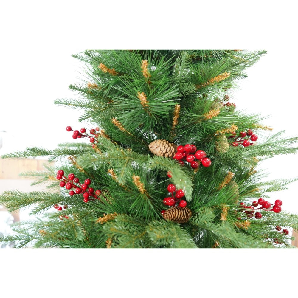 Brad artificial de Craciun, decorat cu conuri pin rosii, pentru interior/exterior, inaltime 210 cm, diametru 142 cm, 767 ramuri, Vivimall, verde, suport metalic inclus - vivimall.ro