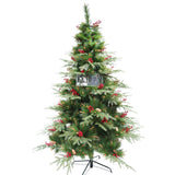 Brad artificial de Craciun, decorat cu conuri pin rosii, pentru interior/exterior, inaltime 210 cm, diametru 142 cm, 767 ramuri, Vivimall, verde, suport metalic inclus - vivimall.ro