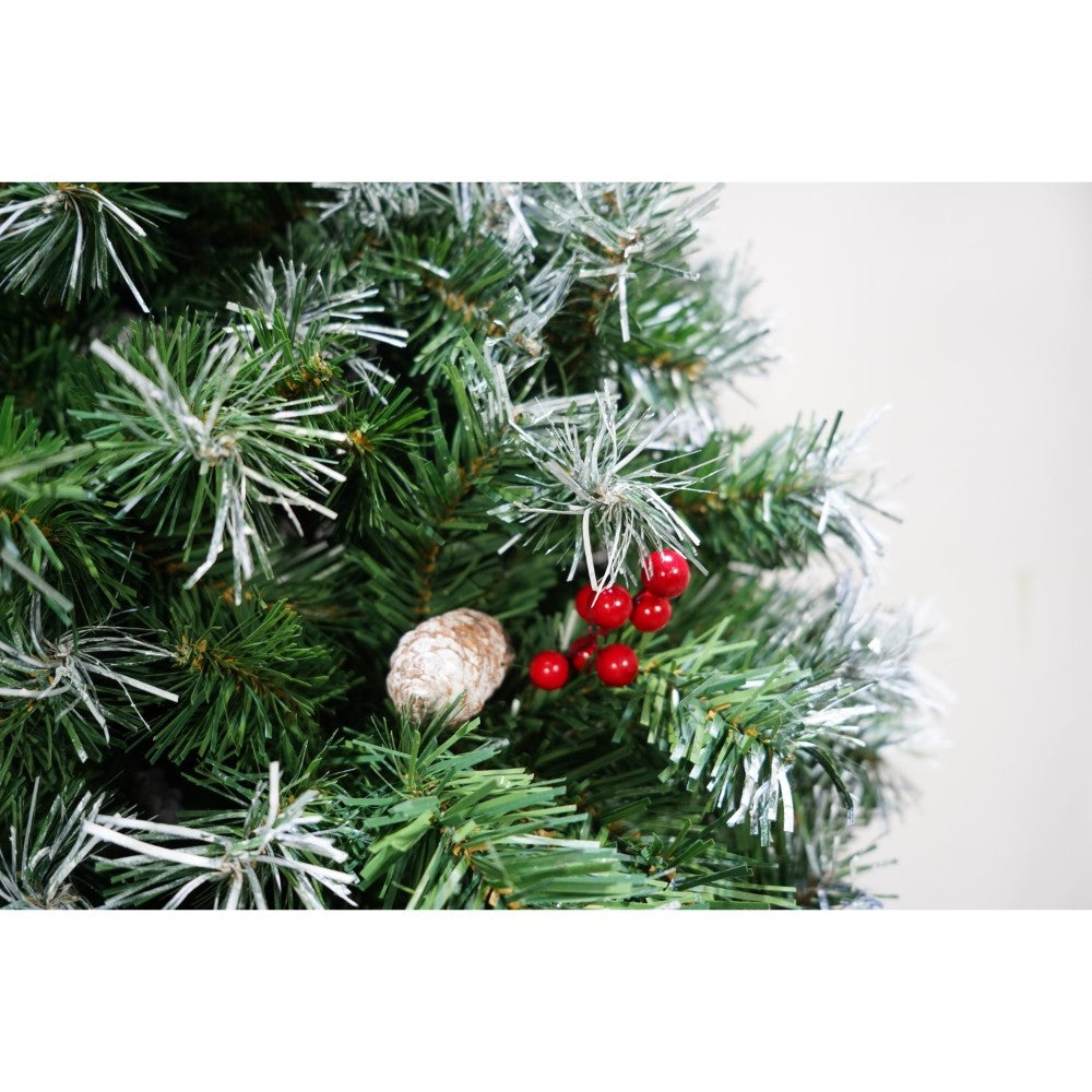 Brad artificial de Craciun nins, decorat cu conuri pin, pentru interior/exterior, inaltime 210 cm, diametru 147 cm, 1150 ramuri, Vivimall, verde, suport metalic inclus - vivimall.ro