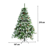 Brad artificial de Craciun nins, decorat cu conuri pin, pentru interior/exterior, inaltime 210 cm, diametru 147 cm, 1150 ramuri, Vivimall, verde, suport metalic inclus - vivimall.ro