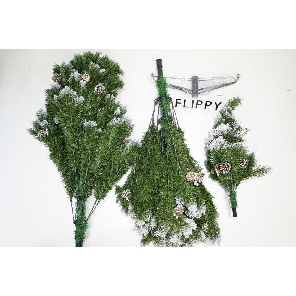 Brad artificial de Craciun nins, decorat cu conuri pin, pentru perete/colt, inaltime 210 cm, diametru 149 cm, 1224 ramuri, Flippy, verde, suport metalic inclus - vivimall.ro