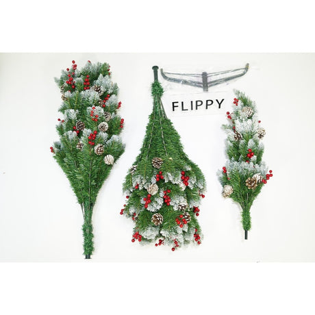 Brad artificial de Craciun nins, decorat cu conuri pin rosii, inaltime 150 cm, diametru 83 cm, 319 ramuri, Vivimall, verde, suport metalic inclus - vivimall.ro