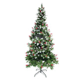 Brad artificial de Craciun nins, decorat cu conuri pin rosii, inaltime 150 cm, diametru 83 cm, 319 ramuri, Vivimall, verde, suport metalic inclus - vivimall.ro