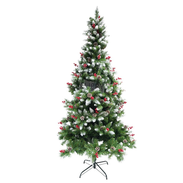 Brad artificial de Craciun nins, decorat cu conuri pin rosii, inaltime 150 cm, diametru 83 cm, 319 ramuri, Vivimall, verde, suport metalic inclus - vivimall.ro